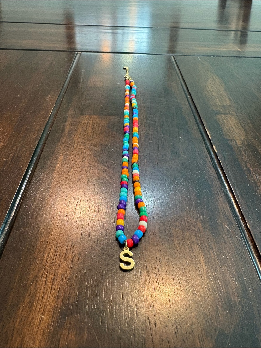 Gold Initial 'S' Pendant Multicolor Beaded Necklace 16”